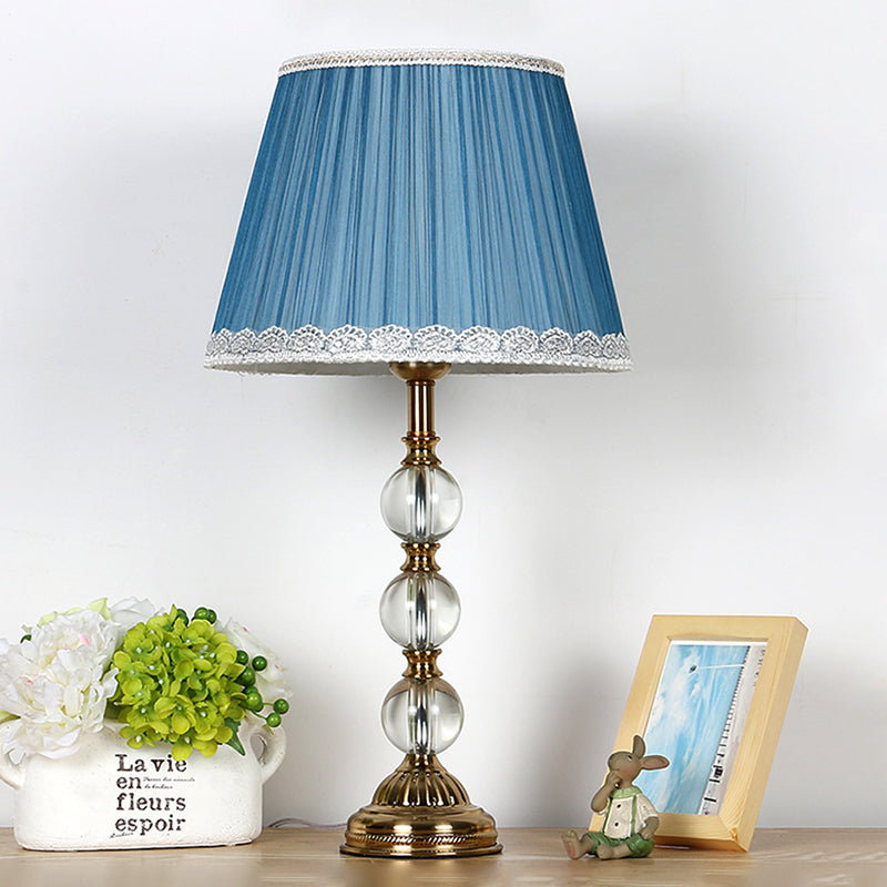 Classic Pleated Shade Night Table Light 1 Light Fabric Nightstand Lamp in Blue for Bedroom with Crystal Deco Clearhalo 'Lamps' 'Table Lamps' Lighting' 325692