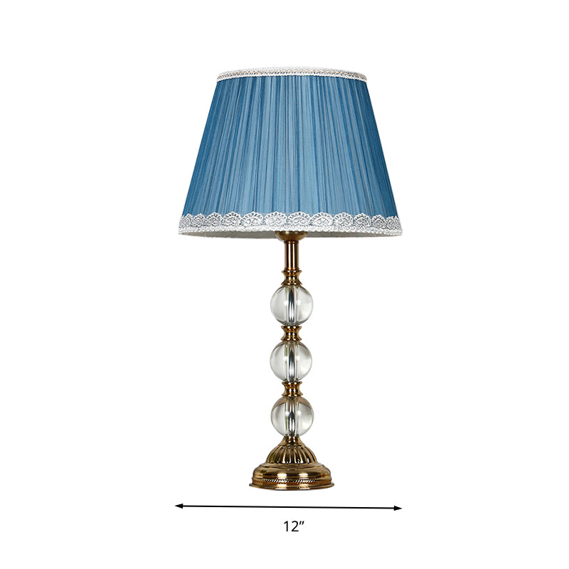 Classic Pleated Shade Night Table Light 1 Light Fabric Nightstand Lamp in Blue for Bedroom with Crystal Deco Clearhalo 'Lamps' 'Table Lamps' Lighting' 325695