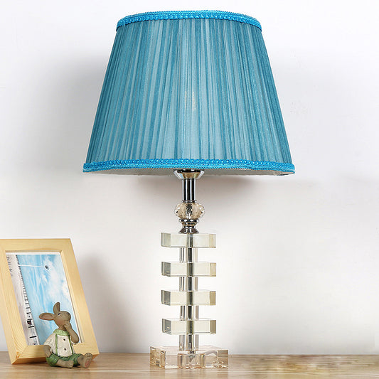 1 Light Barrel Table Lamp Traditionalism Blue Fabric Night Light with Clear Crystal Base Blue Clearhalo 'Lamps' 'Table Lamps' Lighting' 325696