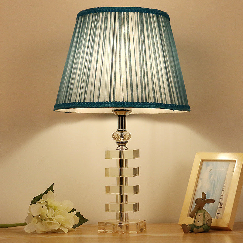 1 Light Barrel Table Lamp Traditionalism Blue Fabric Night Light with Clear Crystal Base Clearhalo 'Lamps' 'Table Lamps' Lighting' 325697
