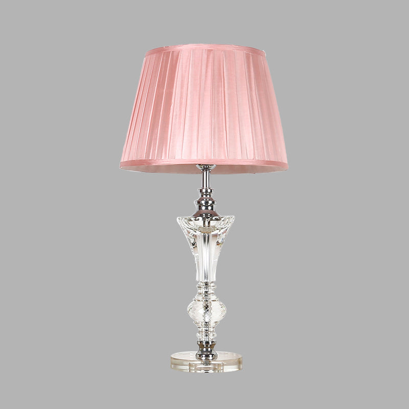 Single Head Table Light Countryside Conical Fabric Night Lamp in Pink/Blue/Beige with Clear Crystal Base Pink Clearhalo 'Lamps' 'Table Lamps' Lighting' 325745