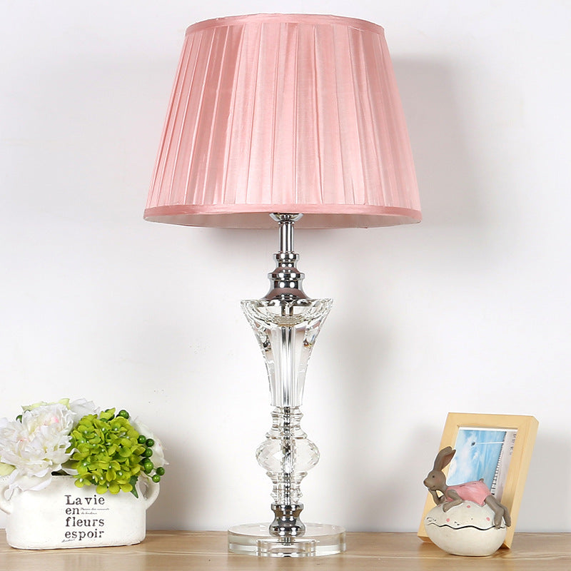 Single Head Table Light Countryside Conical Fabric Night Lamp in Pink/Blue/Beige with Clear Crystal Base Clearhalo 'Lamps' 'Table Lamps' Lighting' 325746