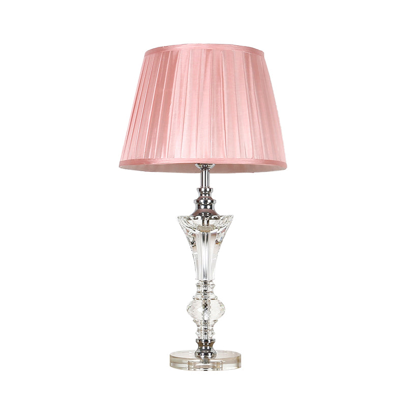 Single Head Table Light Countryside Conical Fabric Night Lamp in Pink/Blue/Beige with Clear Crystal Base Clearhalo 'Lamps' 'Table Lamps' Lighting' 325748