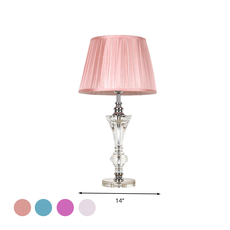 Single Head Table Light Countryside Conical Fabric Night Lamp in Pink/Blue/Beige with Clear Crystal Base Clearhalo 'Lamps' 'Table Lamps' Lighting' 325749