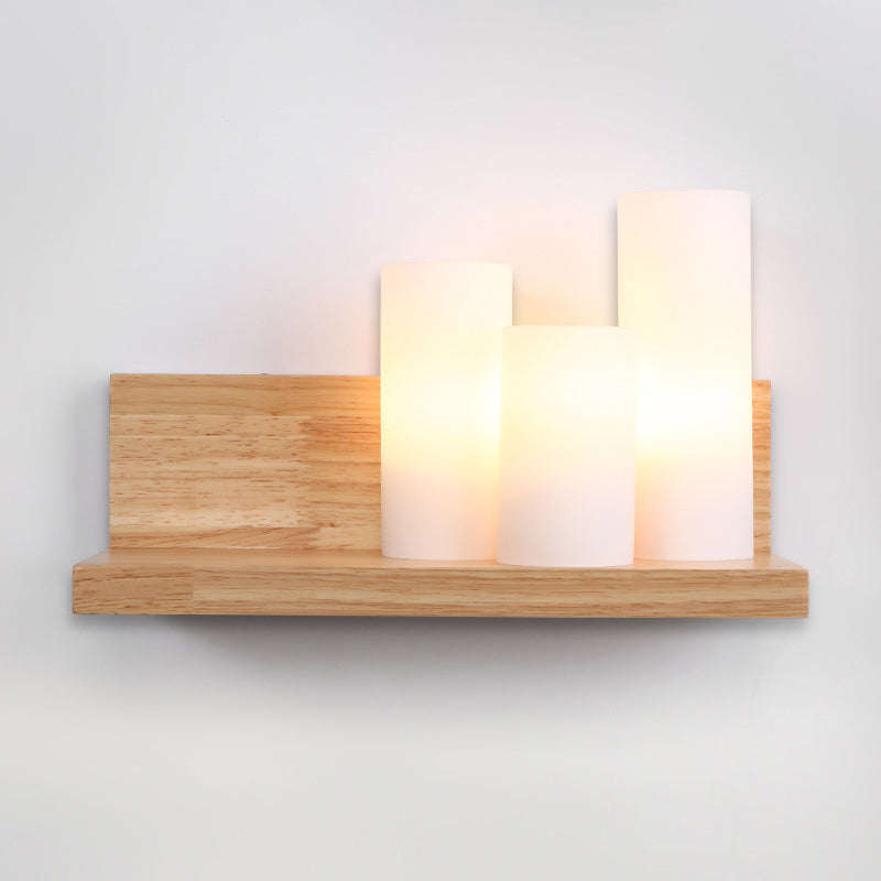 Asian 3 Heads Sconce Wood Tube Wall Lighting Fixture with Opal Glass Shade for Dining Room Clearhalo 'Wall Lamps & Sconces' 'Wall Lights' Lighting' 325775