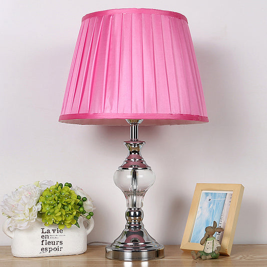 Single Bulb Fabric Night Lamp Rural Rose Red Barrel Shade Bedroom Nightstand Light with Crystal Accent Rose Red Clearhalo 'Lamps' 'Table Lamps' Lighting' 325778