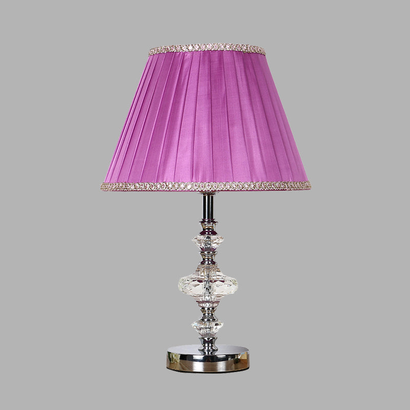 Conical Fabric Night Table Light Lodge Single Bulb Bedroom Nightstand Lamp in Purple with Crystal Accent Purple Clearhalo 'Lamps' 'Table Lamps' Lighting' 325791