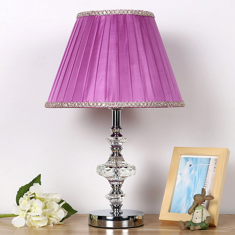 Conical Fabric Night Table Light Lodge Single Bulb Bedroom Nightstand Lamp in Purple with Crystal Accent Clearhalo 'Lamps' 'Table Lamps' Lighting' 325792