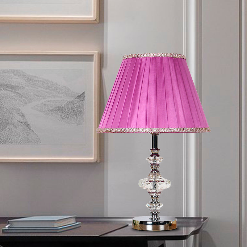 Conical Fabric Night Table Light Lodge Single Bulb Bedroom Nightstand Lamp in Purple with Crystal Accent Clearhalo 'Lamps' 'Table Lamps' Lighting' 325793