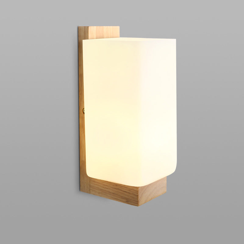 1 Head Stairway Wall Lamp Japanese Wood Sconce Light Fixture with Rectangular Milk Glass Shade Wood Clearhalo 'Wall Lamps & Sconces' 'Wall Lights' Lighting' 325796