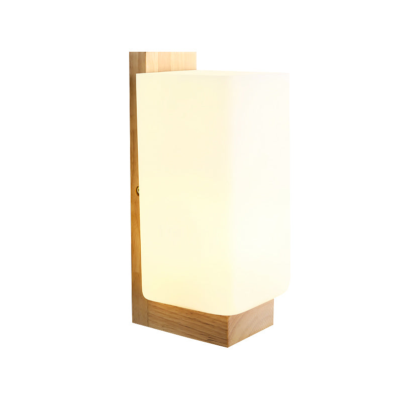 1 Head Stairway Wall Lamp Japanese Wood Sconce Light Fixture with Rectangular Milk Glass Shade Clearhalo 'Wall Lamps & Sconces' 'Wall Lights' Lighting' 325799