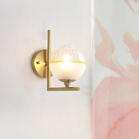Frosted Glass Global Sconce Modernist 1 Head Brass Wall Mounted Light Fixture with Metal Arm Clearhalo 'Cast Iron' 'Glass' 'Industrial' 'Modern wall lights' 'Modern' 'Tiffany' 'Traditional wall lights' 'Wall Lamps & Sconces' 'Wall Lights' Lighting' 325812