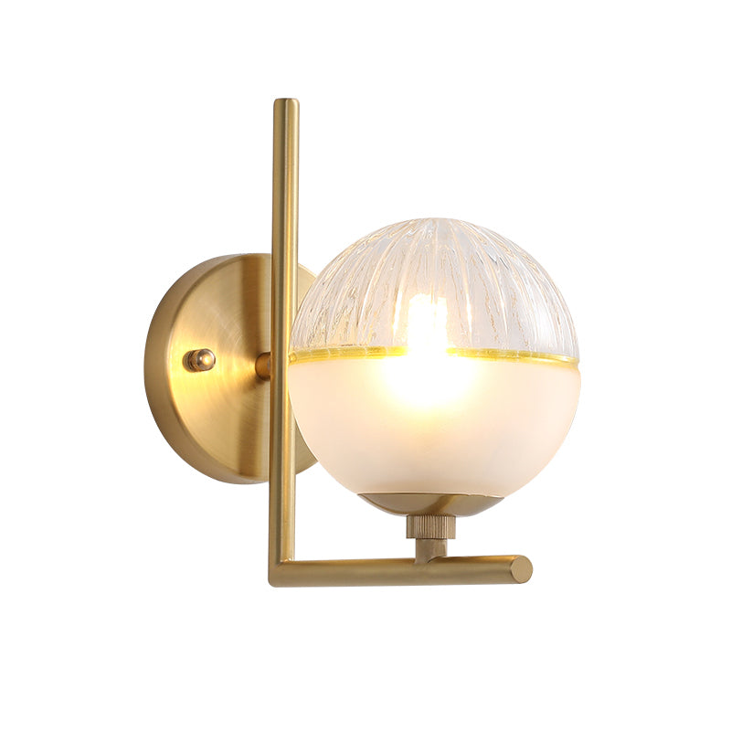 Frosted Glass Global Sconce Modernist 1 Head Brass Wall Mounted Light Fixture with Metal Arm Clearhalo 'Cast Iron' 'Glass' 'Industrial' 'Modern wall lights' 'Modern' 'Tiffany' 'Traditional wall lights' 'Wall Lamps & Sconces' 'Wall Lights' Lighting' 325814