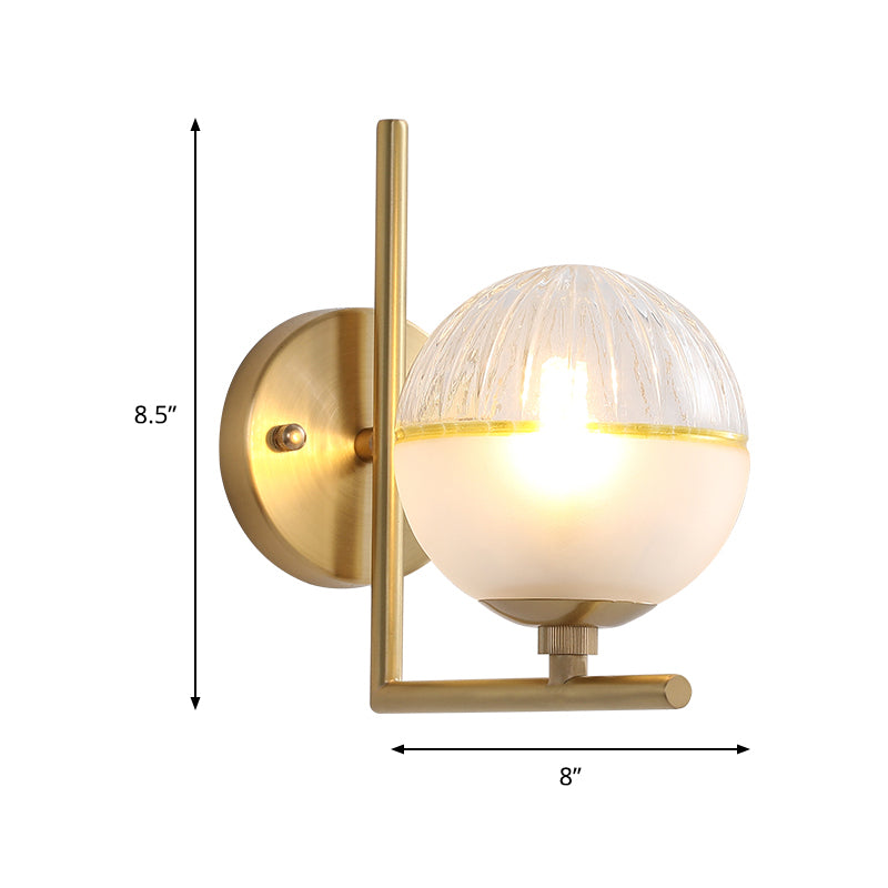 Frosted Glass Global Sconce Modernist 1 Head Brass Wall Mounted Light Fixture with Metal Arm Clearhalo 'Cast Iron' 'Glass' 'Industrial' 'Modern wall lights' 'Modern' 'Tiffany' 'Traditional wall lights' 'Wall Lamps & Sconces' 'Wall Lights' Lighting' 325815