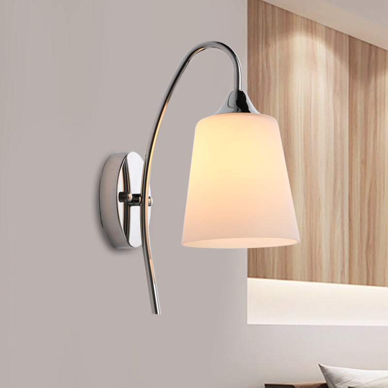 1 Head Trumpet Wall Lighting Modernism Milky Glass Sconce Light Fixture in Chrome for Stairway Clearhalo 'Cast Iron' 'Glass' 'Industrial' 'Modern wall lights' 'Modern' 'Tiffany' 'Traditional wall lights' 'Wall Lamps & Sconces' 'Wall Lights' Lighting' 325846