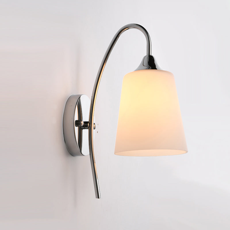 1 Head Trumpet Wall Lighting Modernism Milky Glass Sconce Light Fixture in Chrome for Stairway Clearhalo 'Cast Iron' 'Glass' 'Industrial' 'Modern wall lights' 'Modern' 'Tiffany' 'Traditional wall lights' 'Wall Lamps & Sconces' 'Wall Lights' Lighting' 325847