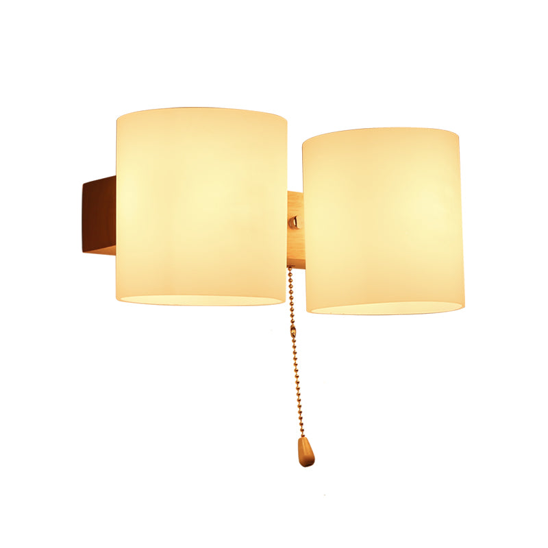 2 Bulbs Bedroom Sconce Light Asian Wood Wall Mounted Lamp with Cylindrical White Glass Shade Clearhalo 'Wall Lamps & Sconces' 'Wall Lights' Lighting' 325867