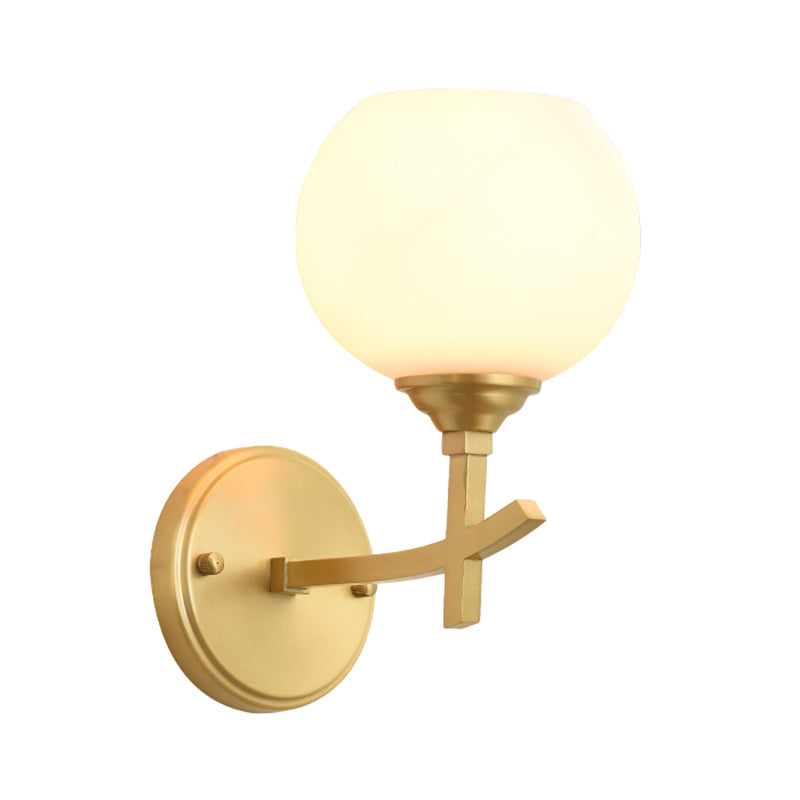 Modern Armed Sconce Light Metal 1 Head Wall Mount Lamp in Brass with Ball Opal Glass Shade Clearhalo 'Cast Iron' 'Glass' 'Industrial' 'Modern wall lights' 'Modern' 'Tiffany' 'Traditional wall lights' 'Wall Lamps & Sconces' 'Wall Lights' Lighting' 325893