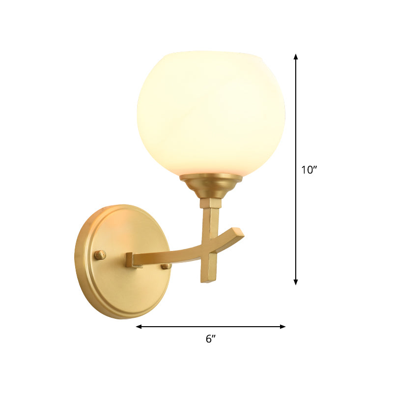 Modern Armed Sconce Light Metal 1 Head Wall Mount Lamp in Brass with Ball Opal Glass Shade Clearhalo 'Cast Iron' 'Glass' 'Industrial' 'Modern wall lights' 'Modern' 'Tiffany' 'Traditional wall lights' 'Wall Lamps & Sconces' 'Wall Lights' Lighting' 325894