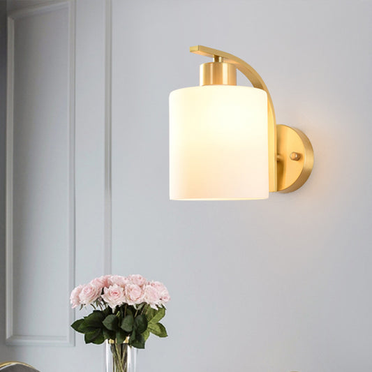 Contemporary 1 Head Wall Lighting Brass Cylinder Sconce Light Fixture with Milk Glass Shade Brass Clearhalo 'Cast Iron' 'Glass' 'Industrial' 'Modern wall lights' 'Modern' 'Tiffany' 'Traditional wall lights' 'Wall Lamps & Sconces' 'Wall Lights' Lighting' 325906
