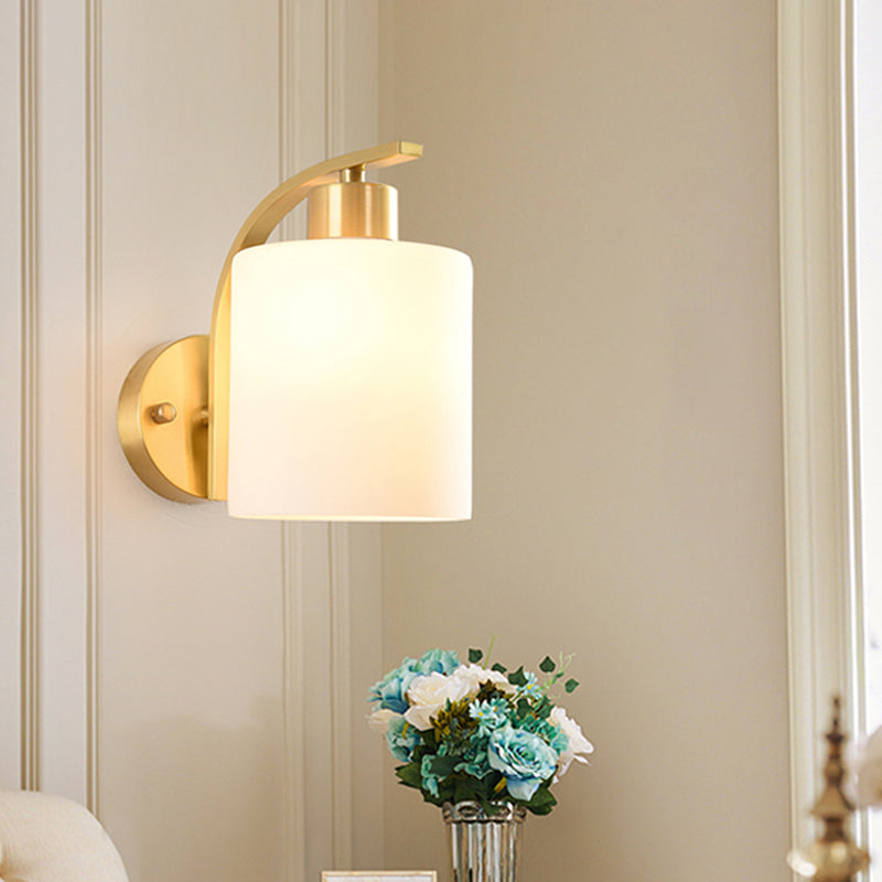 Contemporary 1 Head Wall Lighting Brass Cylinder Sconce Light Fixture with Milk Glass Shade Clearhalo 'Cast Iron' 'Glass' 'Industrial' 'Modern wall lights' 'Modern' 'Tiffany' 'Traditional wall lights' 'Wall Lamps & Sconces' 'Wall Lights' Lighting' 325907