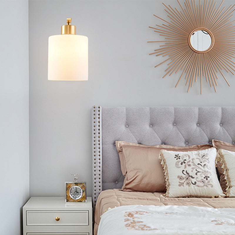 Contemporary 1 Head Wall Lighting Brass Cylinder Sconce Light Fixture with Milk Glass Shade Clearhalo 'Cast Iron' 'Glass' 'Industrial' 'Modern wall lights' 'Modern' 'Tiffany' 'Traditional wall lights' 'Wall Lamps & Sconces' 'Wall Lights' Lighting' 325908