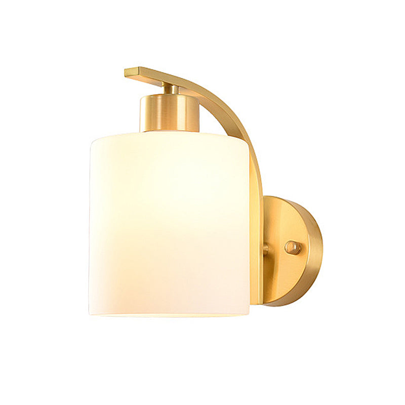 Contemporary 1 Head Wall Lighting Brass Cylinder Sconce Light Fixture with Milk Glass Shade Clearhalo 'Cast Iron' 'Glass' 'Industrial' 'Modern wall lights' 'Modern' 'Tiffany' 'Traditional wall lights' 'Wall Lamps & Sconces' 'Wall Lights' Lighting' 325909