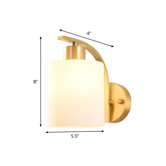 Contemporary 1 Head Wall Lighting Brass Cylinder Sconce Light Fixture with Milk Glass Shade Clearhalo 'Cast Iron' 'Glass' 'Industrial' 'Modern wall lights' 'Modern' 'Tiffany' 'Traditional wall lights' 'Wall Lamps & Sconces' 'Wall Lights' Lighting' 325910