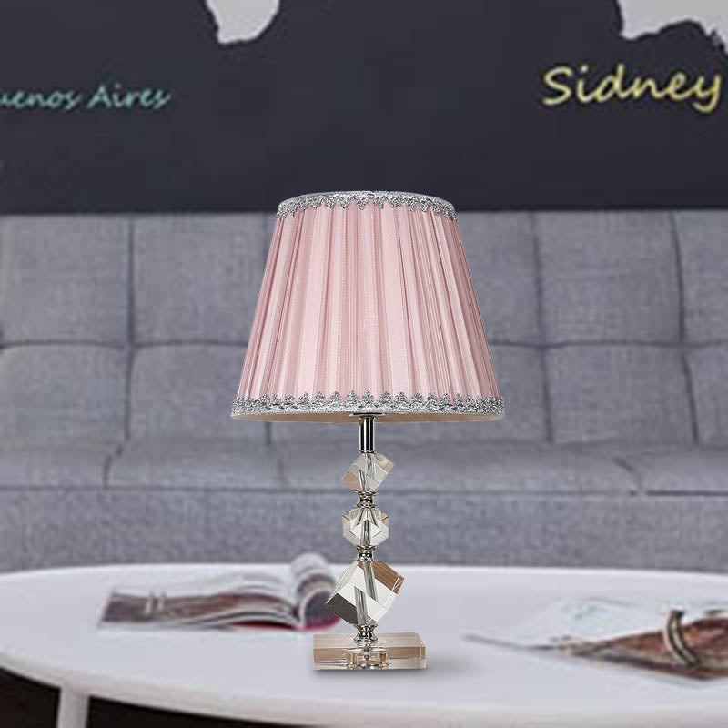 Fabric Conical Table Lamp Countryside 1 Light Bedroom Night Light in Pink with Crystal Base Clearhalo 'Lamps' 'Table Lamps' Lighting' 325939