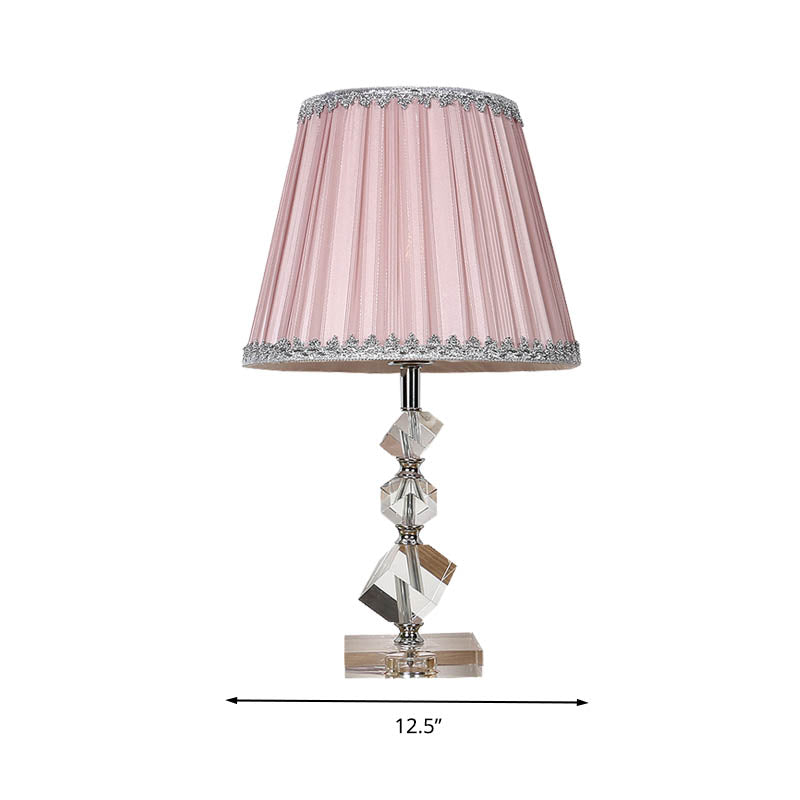 Fabric Conical Table Lamp Countryside 1 Light Bedroom Night Light in Pink with Crystal Base Clearhalo 'Lamps' 'Table Lamps' Lighting' 325941