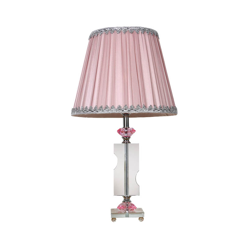 Fabric Pink Night Lamp Tapered Singe Head Rustic Nightstand Light with Crystal Accent Clearhalo 'Lamps' 'Table Lamps' Lighting' 325949