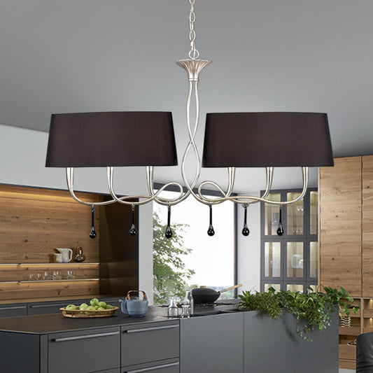 6 Lights Island Lamp Classic Drum Fabric Hanging Ceiling Light in Black/White for Dining Room Clearhalo 'Ceiling Lights' 'Island Lights' Lighting' 325963
