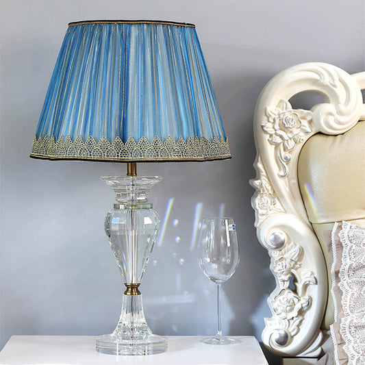 1 Light Barrel Night Table Lamp Traditional Blue Fabric Nightstand Light with Crystal Base Blue Clearhalo 'Lamps' 'Table Lamps' Lighting' 325969