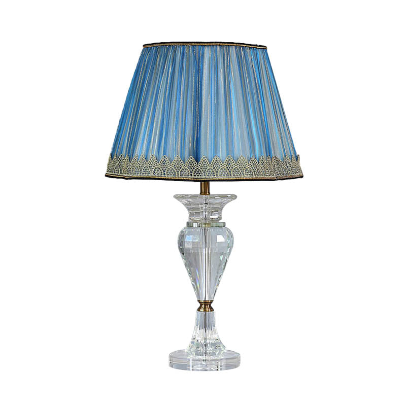 1 Light Barrel Night Table Lamp Traditional Blue Fabric Nightstand Light with Crystal Base Clearhalo 'Lamps' 'Table Lamps' Lighting' 325972
