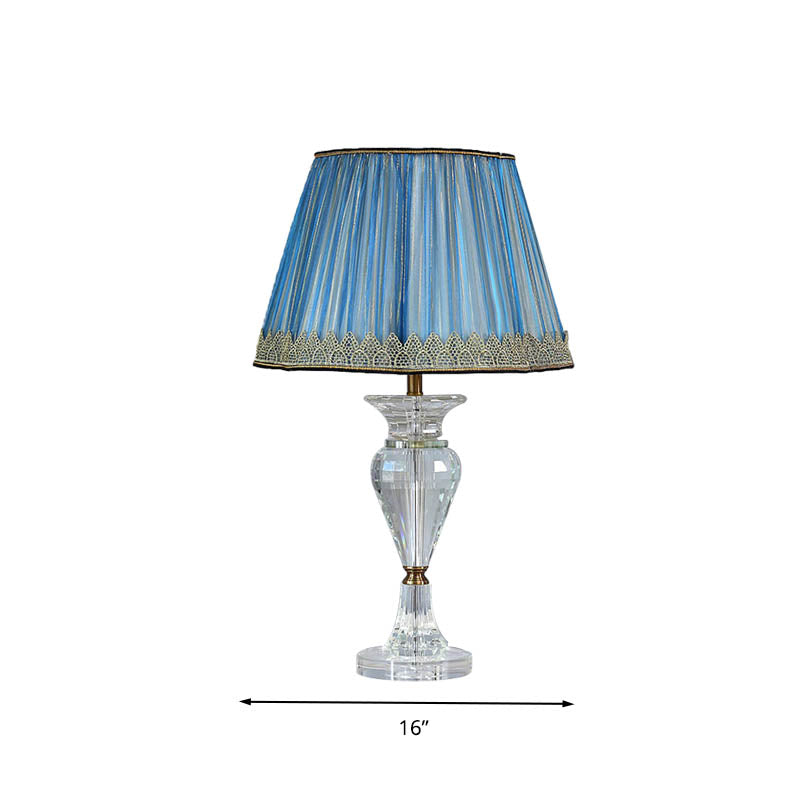 1 Light Barrel Night Table Lamp Traditional Blue Fabric Nightstand Light with Crystal Base Clearhalo 'Lamps' 'Table Lamps' Lighting' 325974