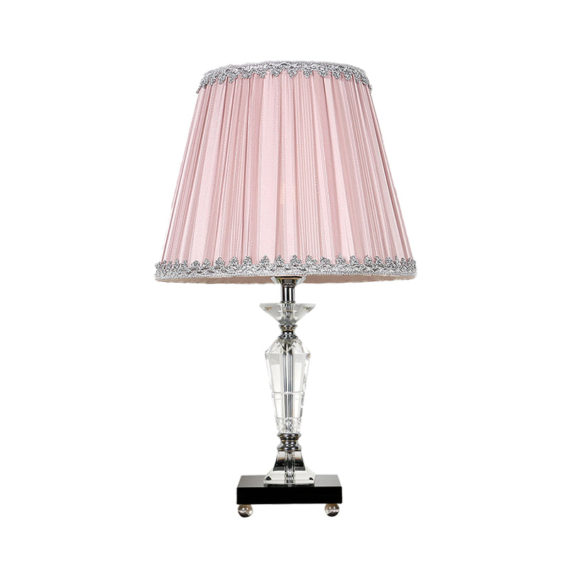 Single Bulb Night Table Light Minimalism Tapered Fabric Nightstand Lamp in Pink/Blue with Crystal Deco Clearhalo 'Lamps' 'Table Lamps' Lighting' 325992