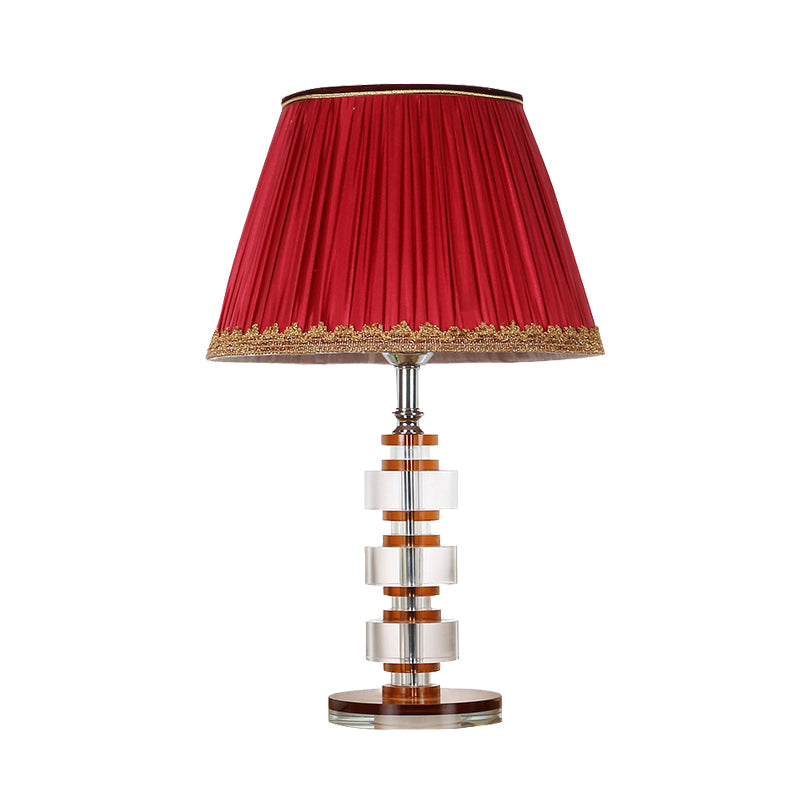 1 Light Fabric Table Lamp Simple Red Tapered Drum Bedroom Nightstand Light with Crystal Accent Clearhalo 'Lamps' 'Table Lamps' Lighting' 326008