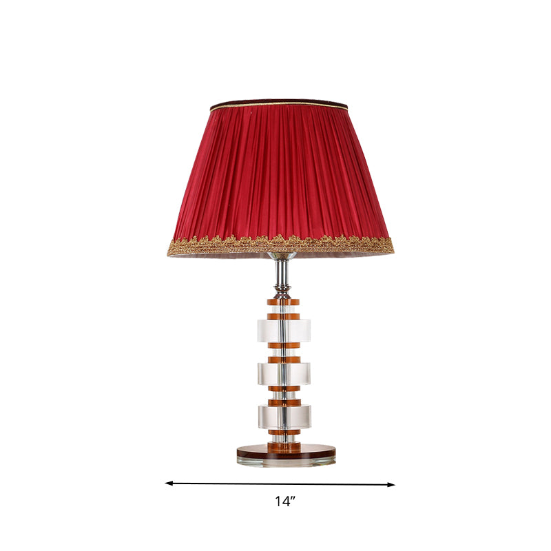 1 Light Fabric Table Lamp Simple Red Tapered Drum Bedroom Nightstand Light with Crystal Accent Clearhalo 'Lamps' 'Table Lamps' Lighting' 326010