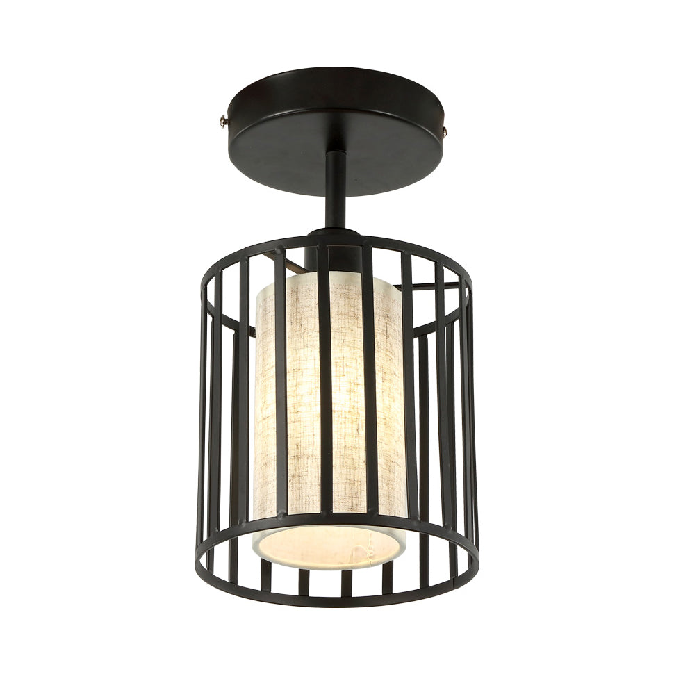 Conical/Cylindrical Shade Ceiling Flush Mount with Metal Cage Simple 1 Bulb Semi-Flushmount Lamp in Black Finish Clearhalo 'Ceiling Lights' 'Close To Ceiling Lights' 'Close to ceiling' 'Flush mount' Lighting' 326039