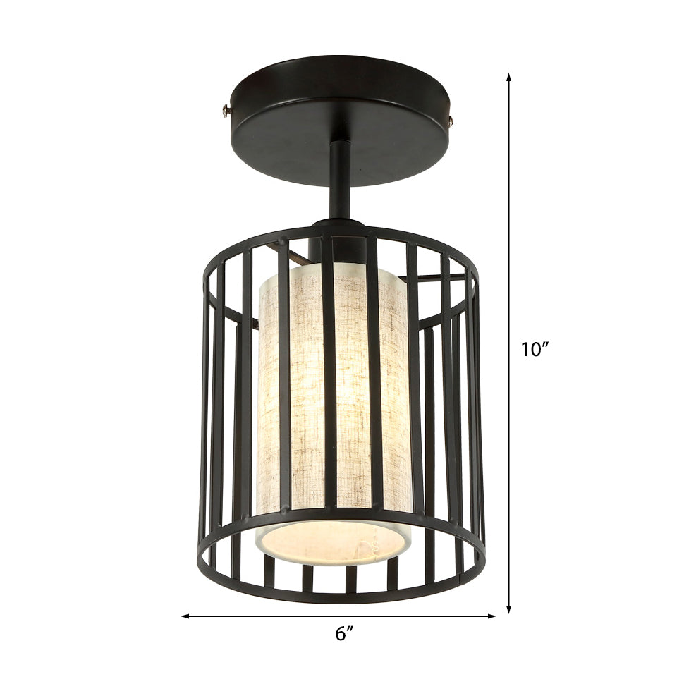 Conical/Cylindrical Shade Ceiling Flush Mount with Metal Cage Simple 1 Bulb Semi-Flushmount Lamp in Black Finish Clearhalo 'Ceiling Lights' 'Close To Ceiling Lights' 'Close to ceiling' 'Flush mount' Lighting' 326040