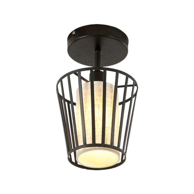 Conical/Cylindrical Shade Ceiling Flush Mount with Metal Cage Simple 1 Bulb Semi-Flushmount Lamp in Black Finish Clearhalo 'Ceiling Lights' 'Close To Ceiling Lights' 'Close to ceiling' 'Flush mount' Lighting' 326043