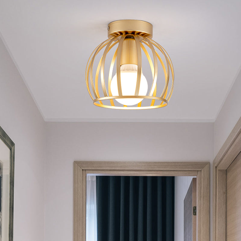 Black/Gold Metal Cage Ceiling Mounted Light Minimalism 1 Light Flushmount Lighting for Corridor Gold Clearhalo 'Ceiling Lights' 'Close To Ceiling Lights' 'Close to ceiling' 'Flush mount' Lighting' 326150