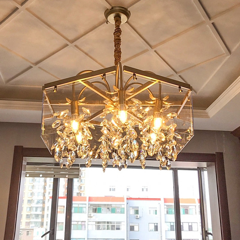 Gold Square Hanging Chandelier Lodge Crystal 4/6/8 Lights Living Room Suspension Pendant Clearhalo 'Ceiling Lights' 'Chandeliers' Lighting' options 326171