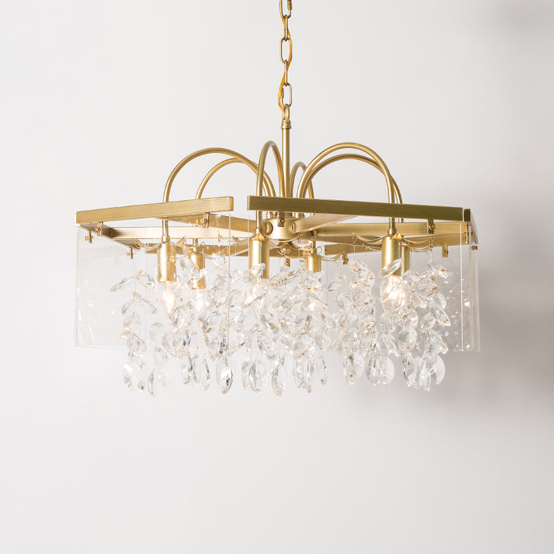 Gold Square Hanging Chandelier Lodge Crystal 4/6/8 Lights Living Room Suspension Pendant Clearhalo 'Ceiling Lights' 'Chandeliers' Lighting' options 326173