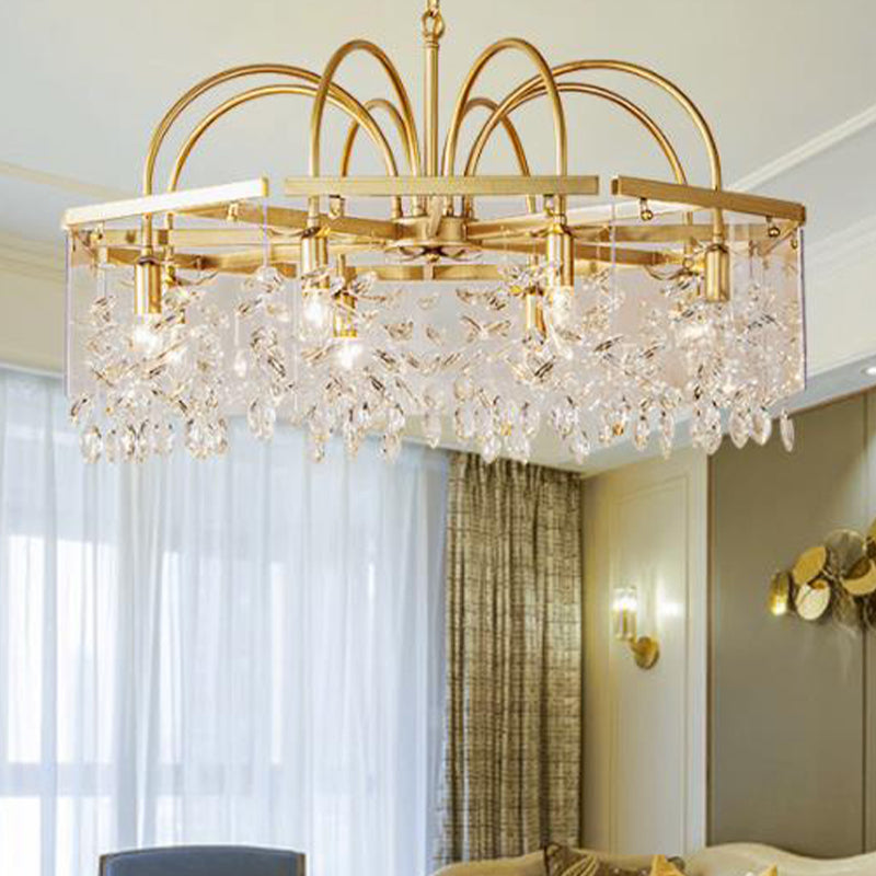 Gold Square Hanging Chandelier Lodge Crystal 4/6/8 Lights Living Room Suspension Pendant Clearhalo 'Ceiling Lights' 'Chandeliers' Lighting' options 326176