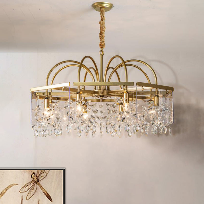 Gold Square Hanging Chandelier Lodge Crystal 4/6/8 Lights Living Room Suspension Pendant Clearhalo 'Ceiling Lights' 'Chandeliers' Lighting' options 326177