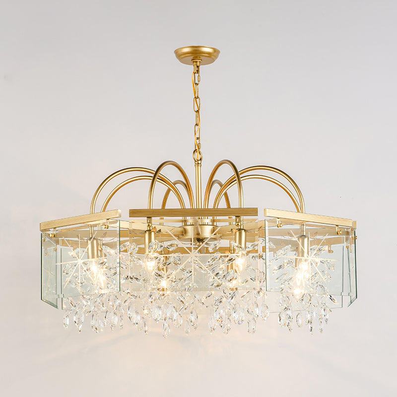 Gold Square Hanging Chandelier Lodge Crystal 4/6/8 Lights Living Room Suspension Pendant Clearhalo 'Ceiling Lights' 'Chandeliers' Lighting' options 326178