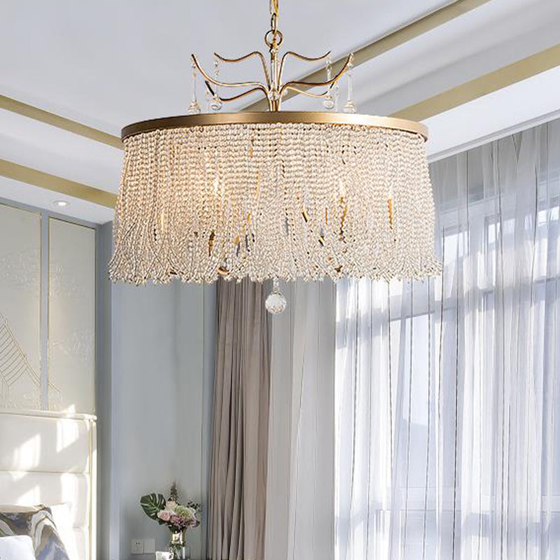 Crystal Beaded Ceiling Chandelier Countryside 6/8 Lights Living Room Suspension Pendant Light in Gold Clearhalo 'Ceiling Lights' 'Chandeliers' Lighting' options 326214