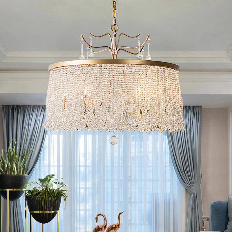 Crystal Beaded Ceiling Chandelier Countryside 6/8 Lights Living Room Suspension Pendant Light in Gold Clearhalo 'Ceiling Lights' 'Chandeliers' Lighting' options 326215