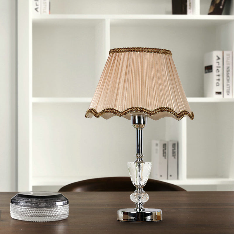 1 Light Scalloped Nightstand Light Countryside Beige Fabric Table Lamp with Crystal Accent Beige Clearhalo 'Lamps' 'Table Lamps' Lighting' 326222